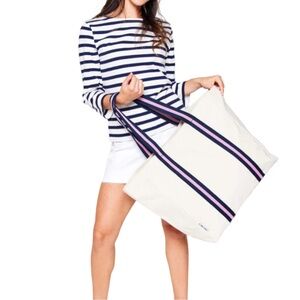 Ame & Lulu Hamptons Beach Tote Bag Canvas Shoulder Straps Navy & Pink